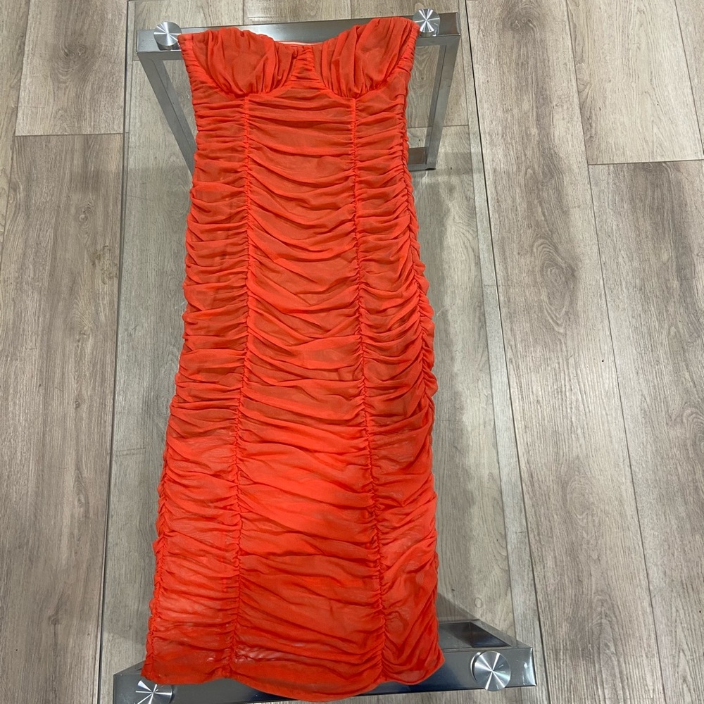 Orange strapless mesh midi dress!